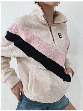 EllandEmm Colorblock Sherpa Pullover Cream Pink Black Quarter Zip Size L NWT